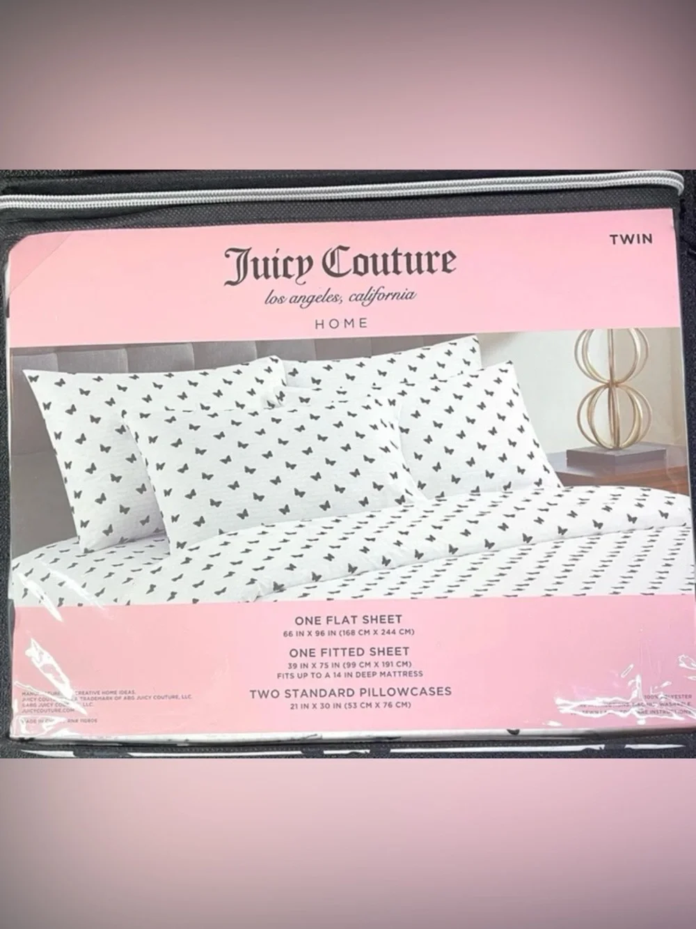 Juicy Couture 4-pc DP Twin Sheet Set White Pink Logos Black Butterflies NEW NIP
